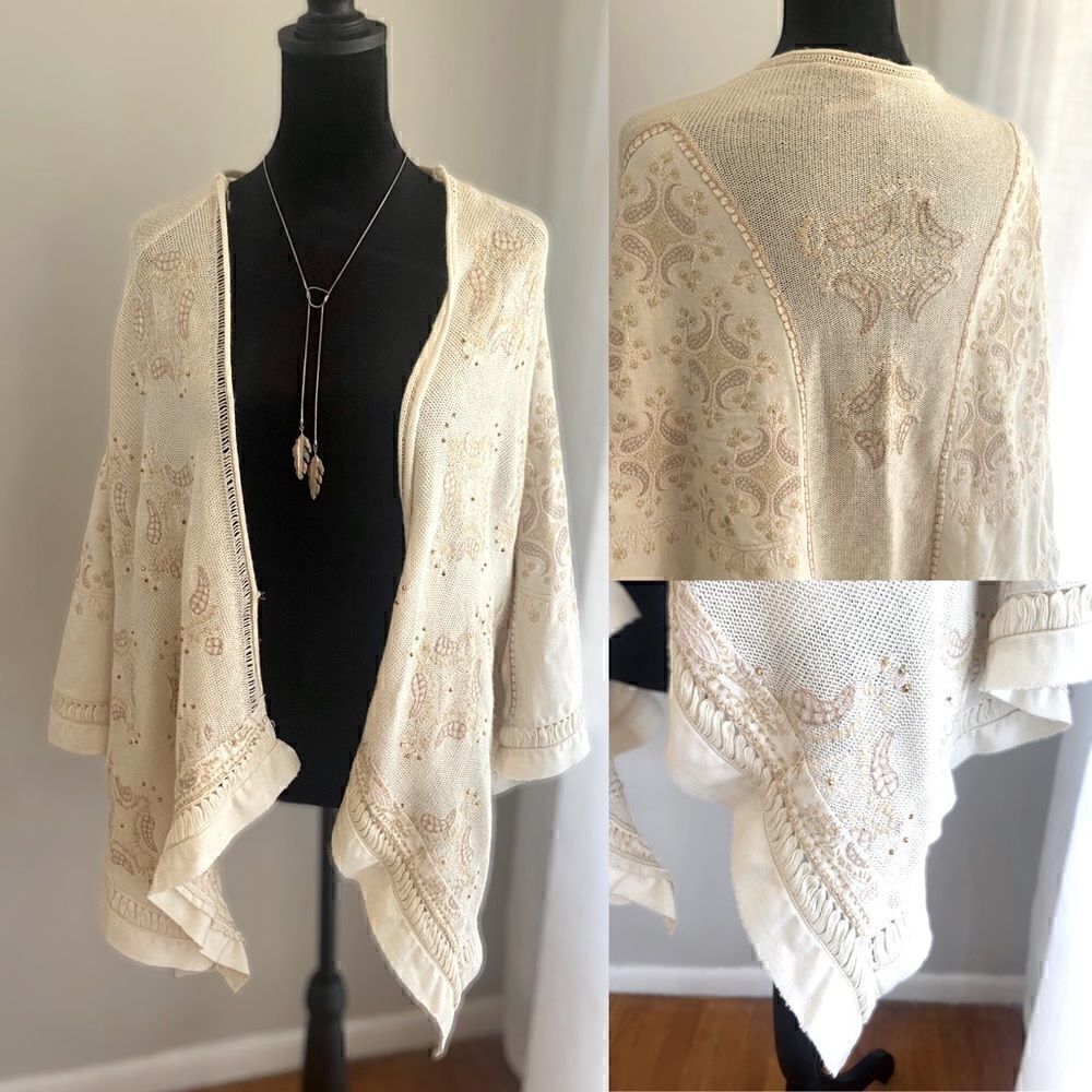 Free People Embroidered Beaded Wool Blend Cardigan Shawl Kimono Size XS